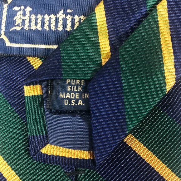 Vintage Huntington Stripe Tie Pure Silk Navy Blue Green Gold Made in USA Rep Tie - Picture 5 of 5